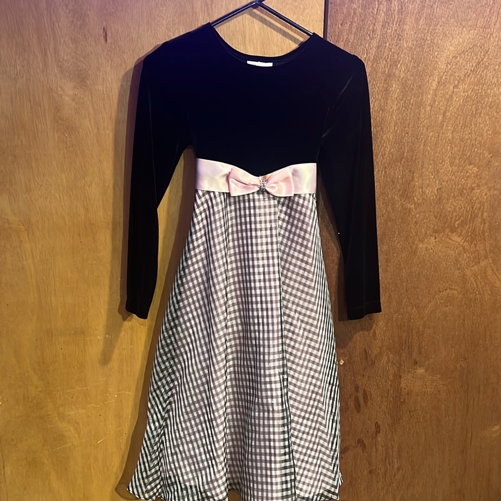 BONNIE JEAN Girls Size 12 Holiday Dress Black Plaid Pink Lining Velvet Top